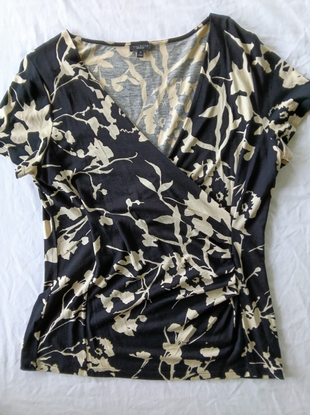 Talbots Black and Cream Floral Wrap-Style Top